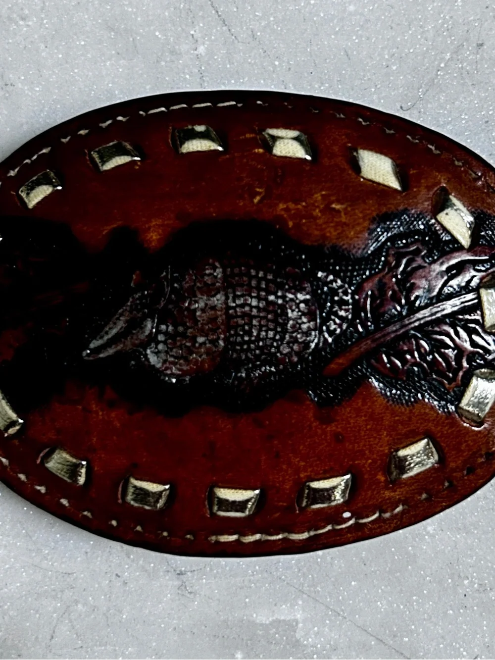 Tony Lama ~ Vintage ~ Brown ~ Armadillo Texas Western Leather Tooled Belt Buckle